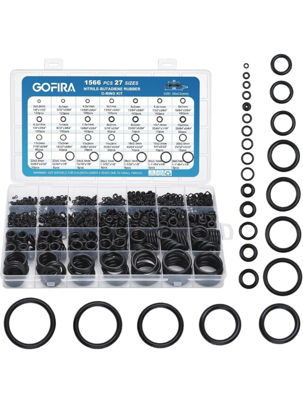Assorted O-Ring Kit - 1566 Pcs, 27 Sizes, Nitrile Rubber Seals for Auto